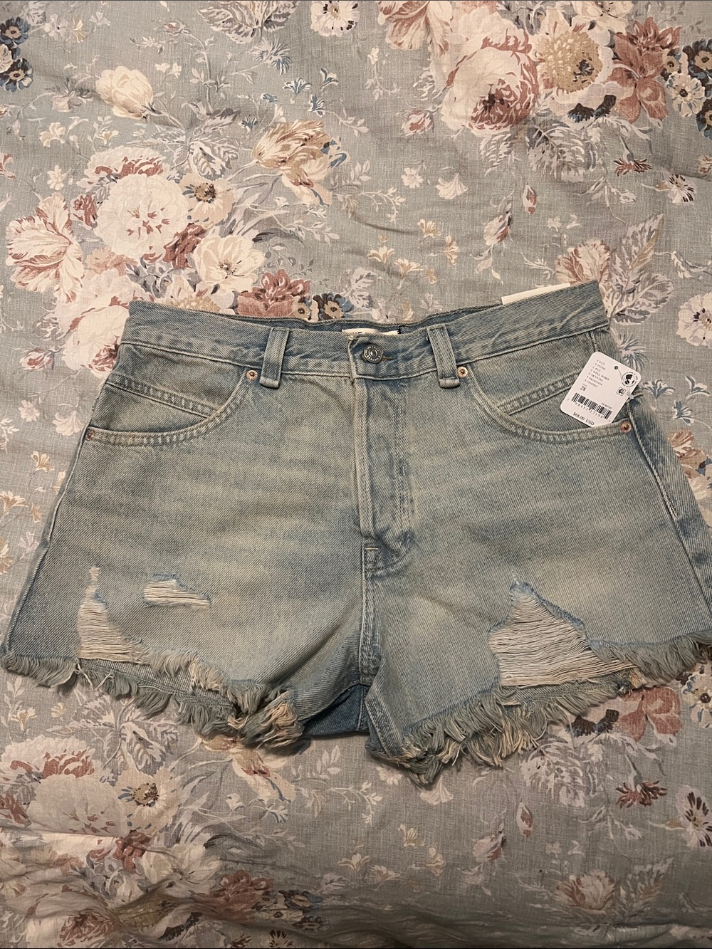 Free People Washed Light Blue Distressed Denim Shorts